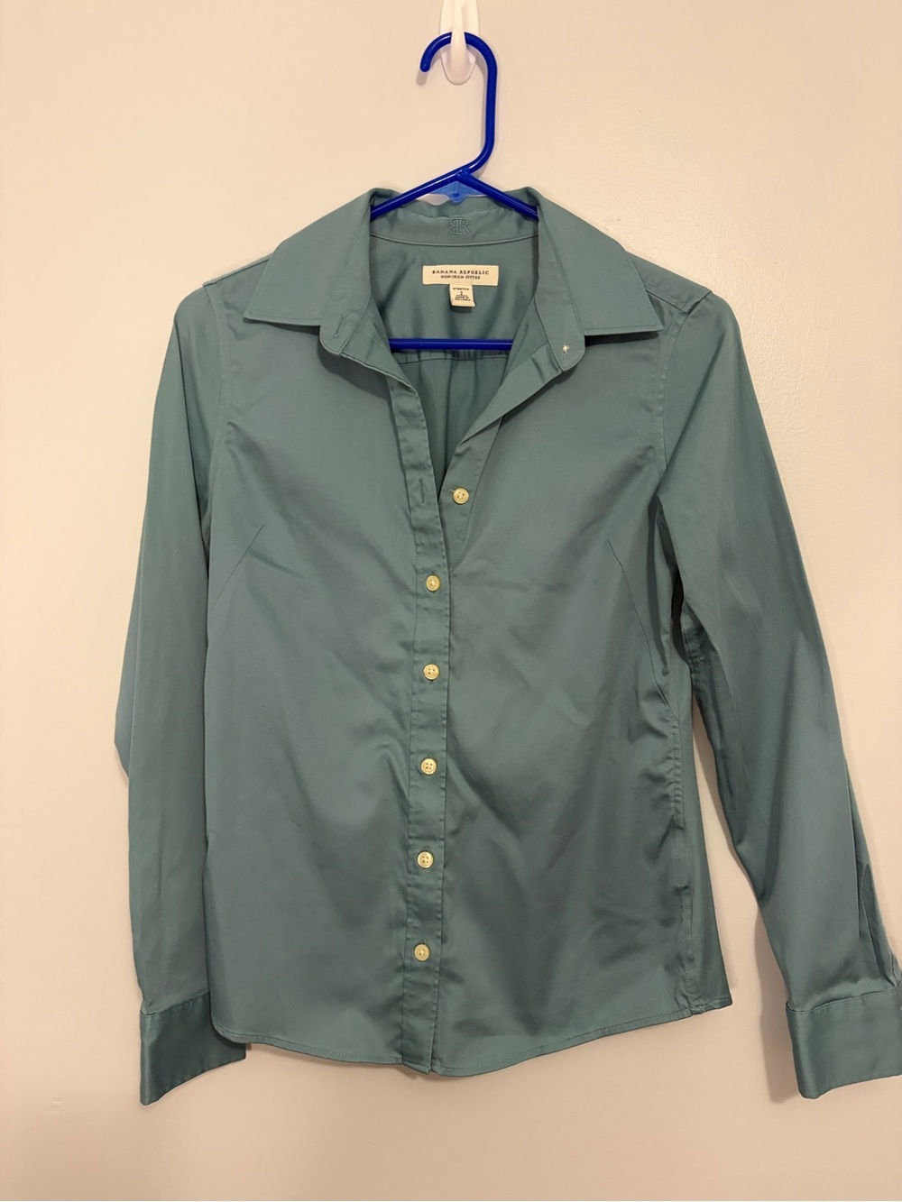 Banana Republic Non-Iron Fitted Button Down Shirt Size 2 Teal Stretch Cotton- XS